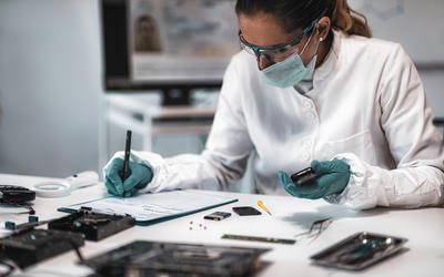 A researcher wearing a mask, safety glasses and gloves sits at a desk, looking at electronic devices and writing on a clipboard. 