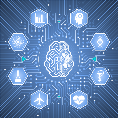 Illustration of cyberbrain surrounded by industry icons