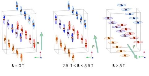 Campo Seminar. Fig. 1: Magnetic structures at 2 K and at different magnetic fields applied along the crystallographic a axis: at zero field (left), at 3.5 (middle), and at 6 T (right).