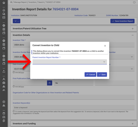 Parent invention report number screenshot.