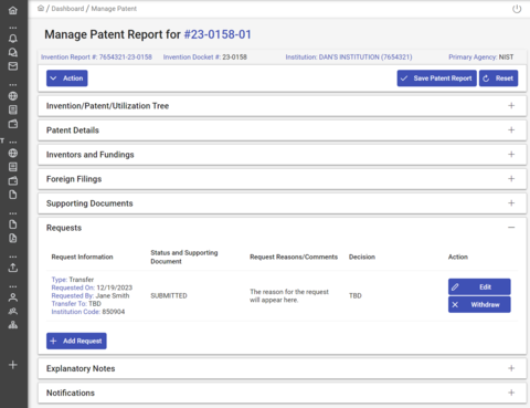 Patent transfer request screenshot.