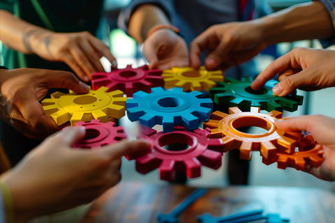 Team of hands holding gears