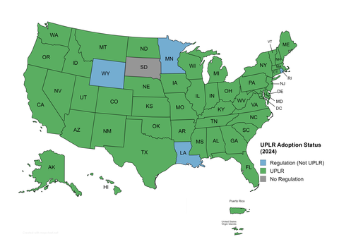 United States and Territories map illustrates the status of packaging and labeling regulation adoption