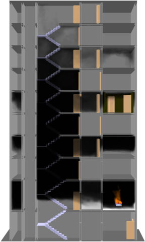 Rendition of fire and smoke spread in a 9-story building