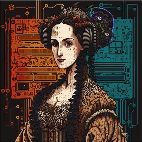 Drawing depicting a portrait of Ada Lovelace in front of a computer circuit board