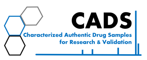 The letters CADS in bold at the top. Beneath in blue text says "Characterized Authentic Drug Samples for Research & Validation".  There are some design elements at bottom and left (lines and hexagons).