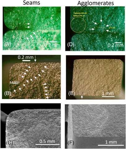 Vertically built alumina test bars had frequent flaws leading to fractures. 3 images of seams and 3 images of agglomerates show areas where the alumina contain flaws that can cause fracturing of the built sample.