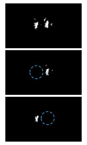 Three microscope images arranged vertically show ions as white dots on a black background.
