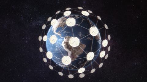 Illustration shows Earth surrounded by a network of analog clocks.