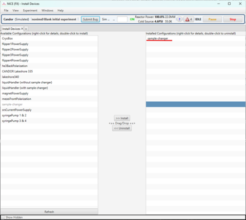 The Install Devices Panel with the sample-changer config installed