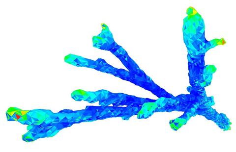 3D morphology of a primary human bone marrow stromal cell that was cultured for 24 h in a collagen gel. Surface heat mapping shows highest hit density at the extended regions of the cell and lowest hit density towards the cell center. Details in image caption. 