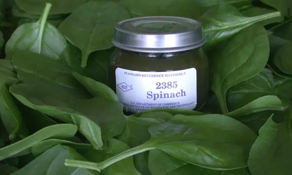 photo of NIST SRM 2385, spinach, on background of spinach leaves