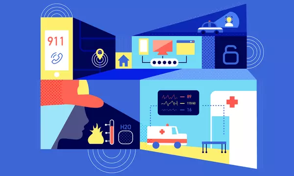 a collage of different graphical objects including representations of an ambulance, a police car, fire fighters, 911 call takers and various communications technologies like smartphones. 