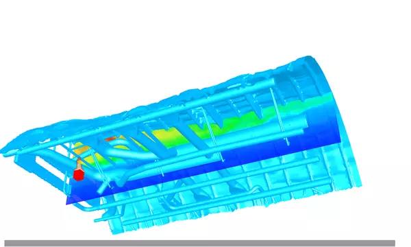 A 3D render of a gas burner producing smoke inside an airliner's overhead compartment. 