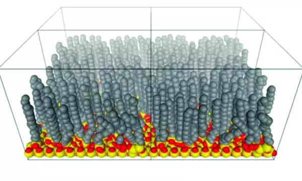 Space filling models of bent and straight alkyl chains tethered to silica that represent disordered and ordered models.