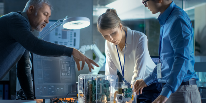 Team of Computer Engineers Lean on the Desk and Choose Printed Circuit Boards to Work with, Computer Shows Programming in Progress. In The Background Technologically Advanced Scientific Research Center.