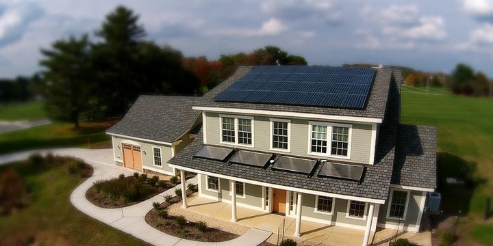 A newly built two-story home with an attached garage has solar panels on the roof.