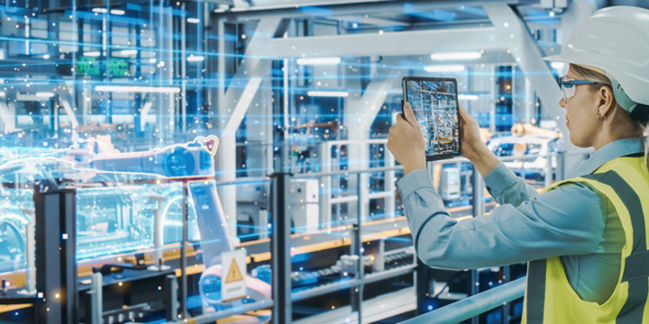 Female Automotive Engineer Using Augmented Reality Tablet Computer to Scan Automated Robot Arm Assembly Line Manufacturing Electric Vehicles