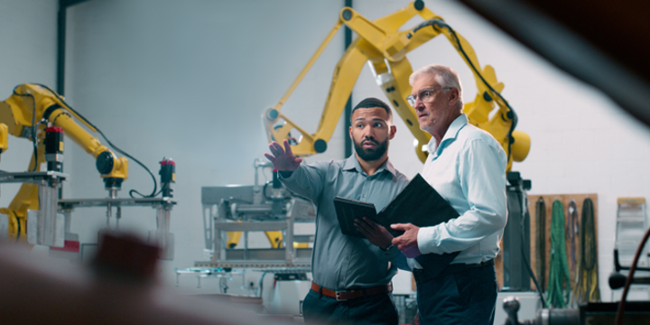 Robotics, people and engineer tablet with industrial collaboration and planning in warehouse