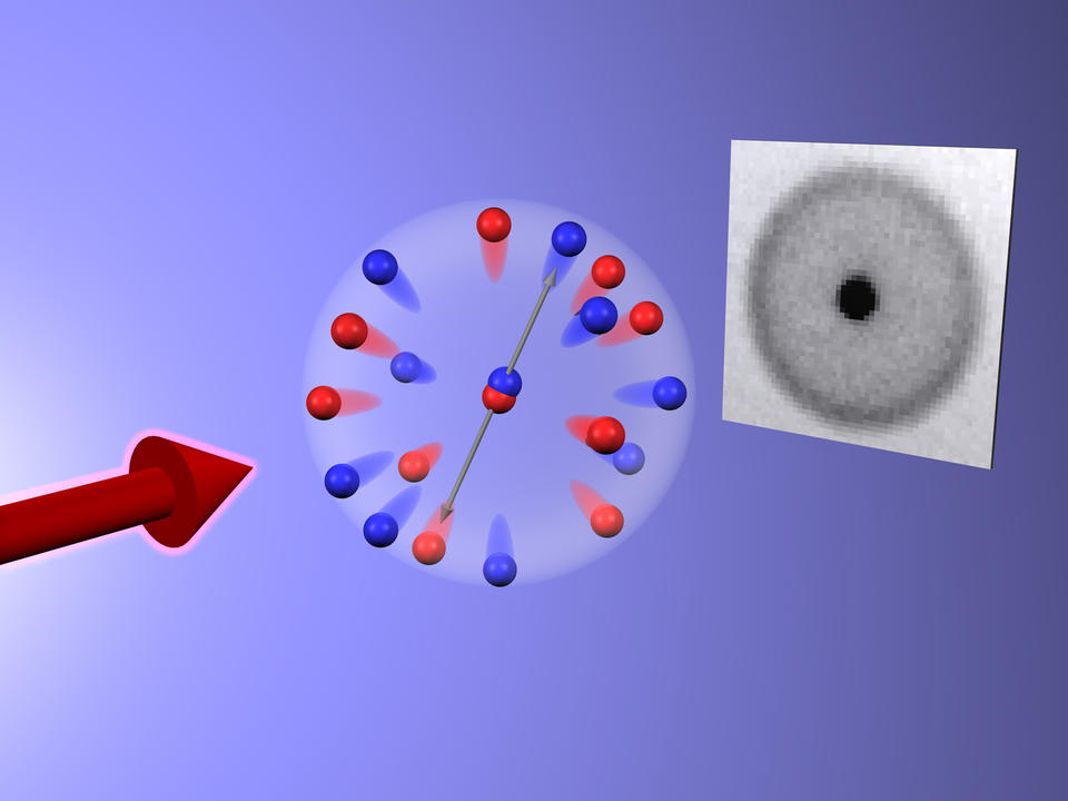 arrow points to red and blue balls