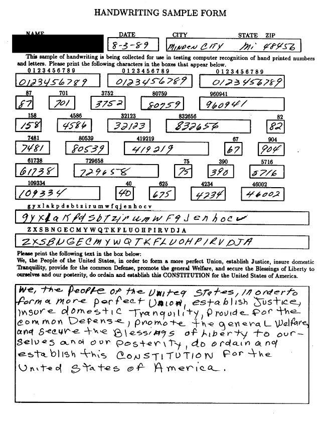 Example HSF Image. This is the file hsf_page/hsf_0/f0002_01.pct.  Notice that the first field on this form, the name field, has been intentionally occluded, on some others it remains blank.  All fields except those on the first line havebeen segmented and