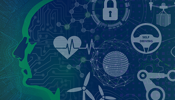 An illustration in blue and green of a human head with icons representing AI uses like self-driving cars, medical care, and drone deliveries