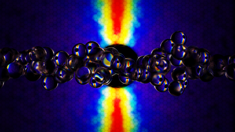Colorful computer data patterns form a backdrop to a horizontal string of transparent spheres.