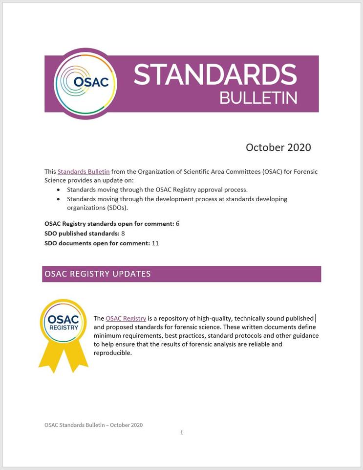 Cover page of OSAC's October 2020 Standards Bulletin