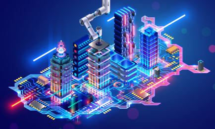 image of the USA map with a world of circuits and chips as buildings