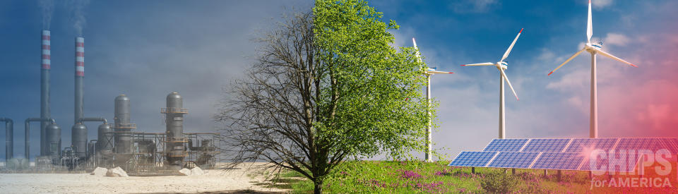 banner image of degradation of the land on the left side then a transition to a flourish of the environment on the right side using sustainable resources and a tree in the middle that is split half and half with its condition and quality to depict climate change