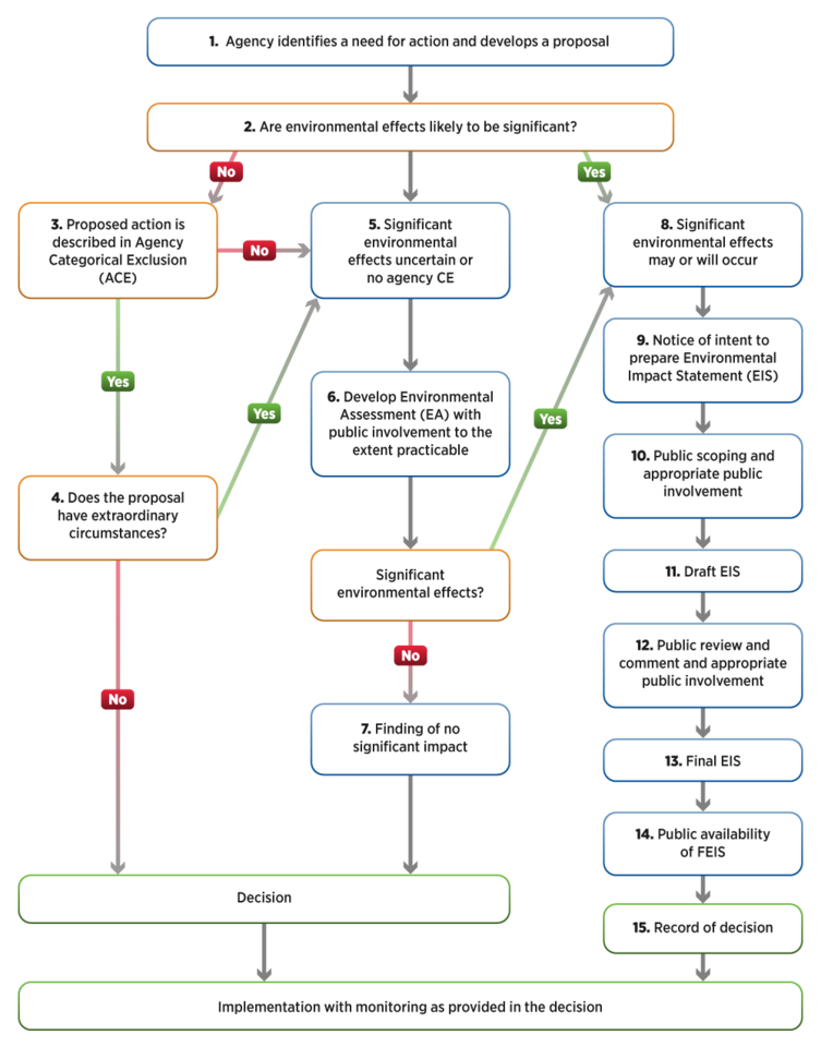 flowchart displaying the NEPA Process and the decision-making points where a yes or no response can route a user down a different path of steps