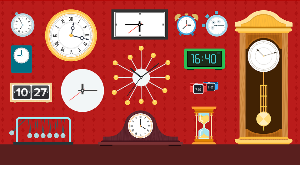 Illustration of various kinds of analog and digital clocks, some mounted on a red wall and others sitting on a brown surface beneath. 