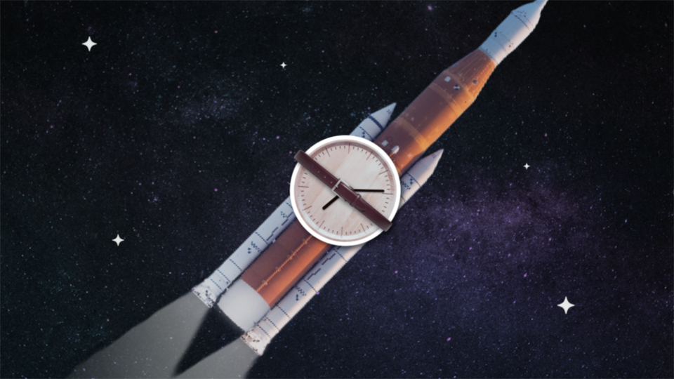 Illustration shows an analog clock strapped to a rocket heading into space. 