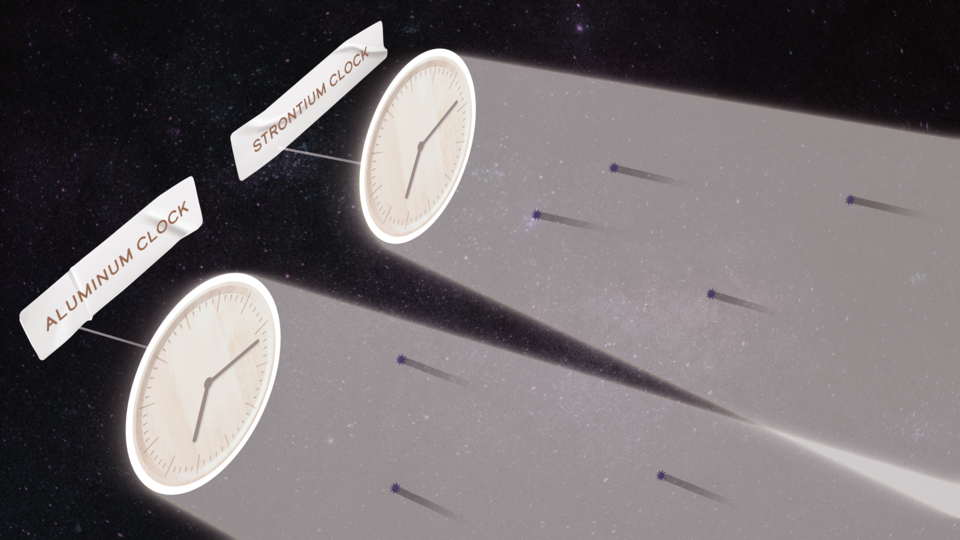 Illustration shows two clocks labeled "Aluminum" and "Strontium" moving through space, highlighting particles of dark matter in their wakes. 