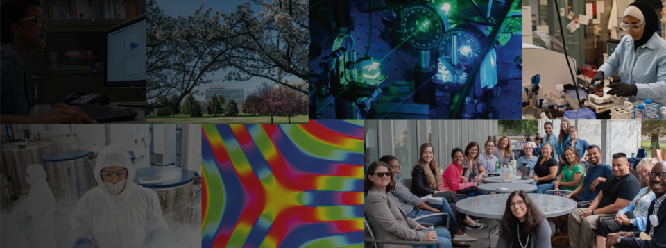 Collage of NIST campuses, staff at work, and research images