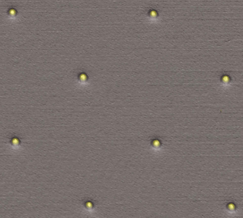 The gold posts in this colorized micrograph, averaging 450 nanometers in diameter, are used to anchor individual biomolecules such as DNA for studies of their mechanical properties.