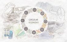 Circular economy illustration has a circle with images of a dump, a scientist, a sea turtle, a water bottle. 
