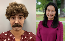Side-by-side photos show Mei Lee Ngan disguised with a wig, moustache and makeup (left) and as her normal, smiling self (right). 