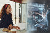 Paired images: a woman working at a computer while technicians examine code on screens