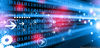 Code overlaid with icons and blue and red lights