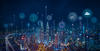 Panorama aerial view in the cityscape skyline with smart services and icons, internet of things, networks and augmented reality concept , night scene .