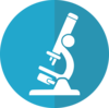 Graphic of a microscope in the colors of blue and white