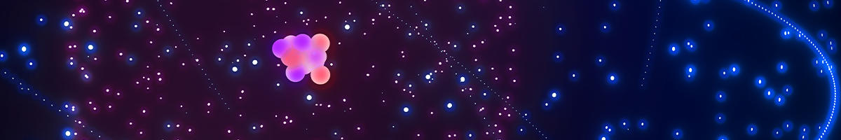 Purple-pink neutron in the middle of a background of purple and blue
