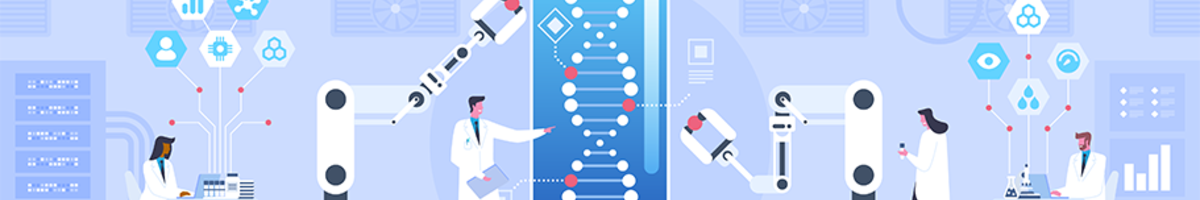 An illustration of people and robots working to engineer DNA